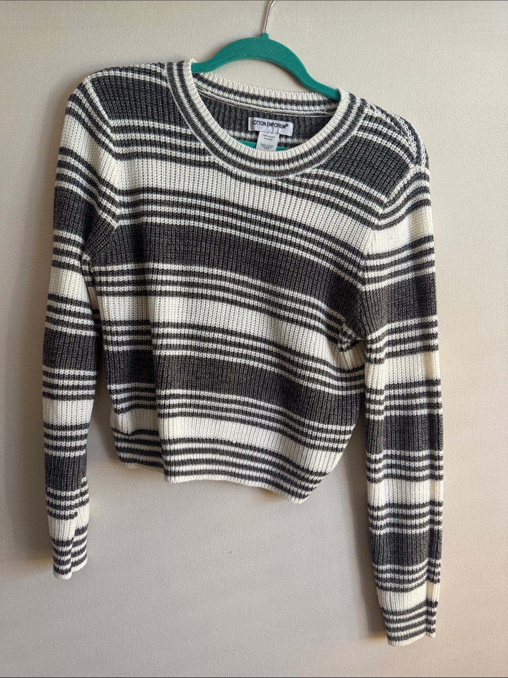 Cotton Emporium Cream and Gray Striped Scoopneck Sweater